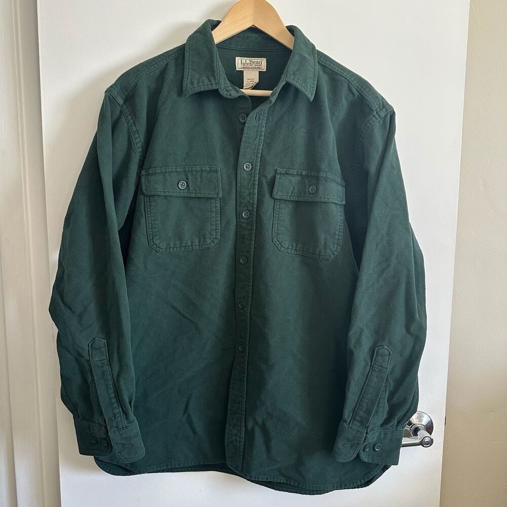 Vintage LL Bean Men’s Green Chamois Heavy Button Flannel Shirt Size L Hunting